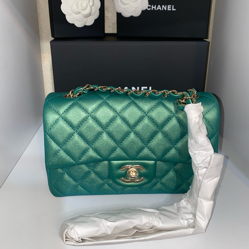 RARE NIB CHANEL IRIDESCENT GREEN CLASSIC MINI FLAP - Picture 17 of 17